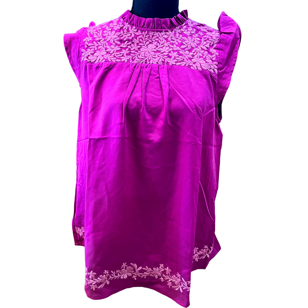 Embroidered Ruffle Sleeve Top in Magenta - FINAL SALE