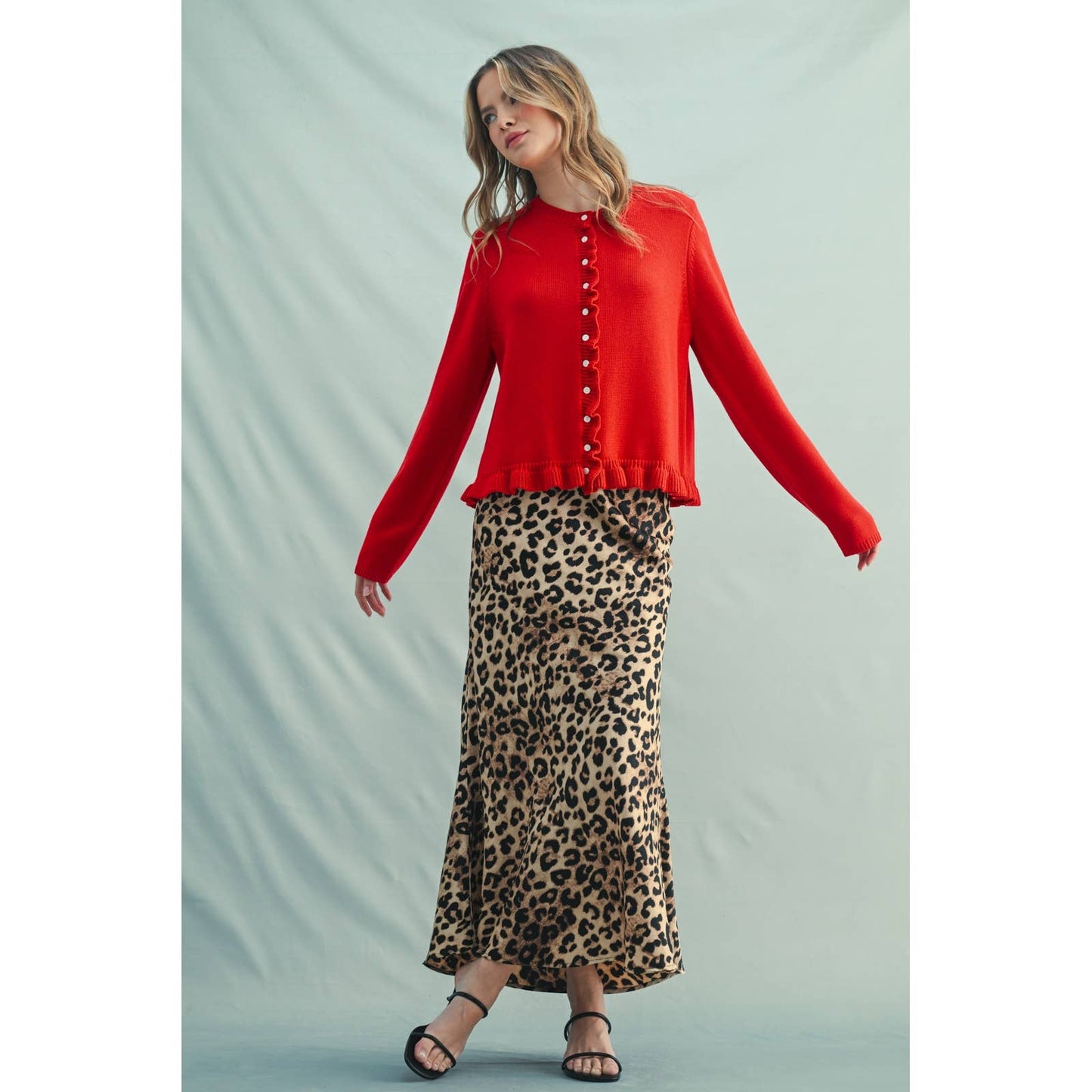 Ruffle Hem Cardigan in Cherry Red