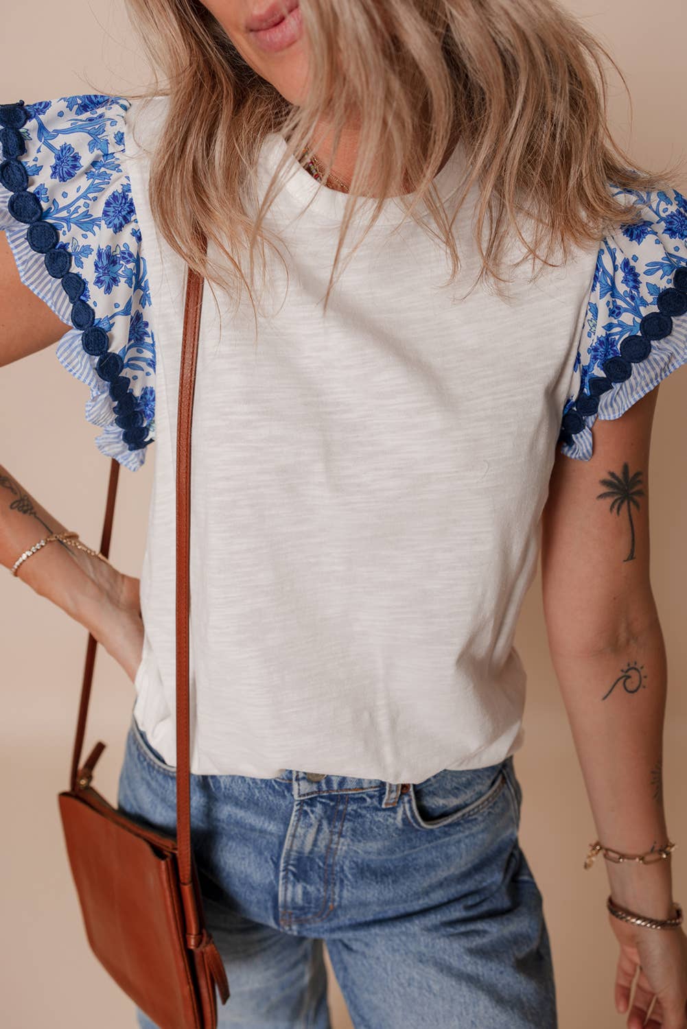 Ricrac Trim Flutter Sleeve Top in Blue & White
