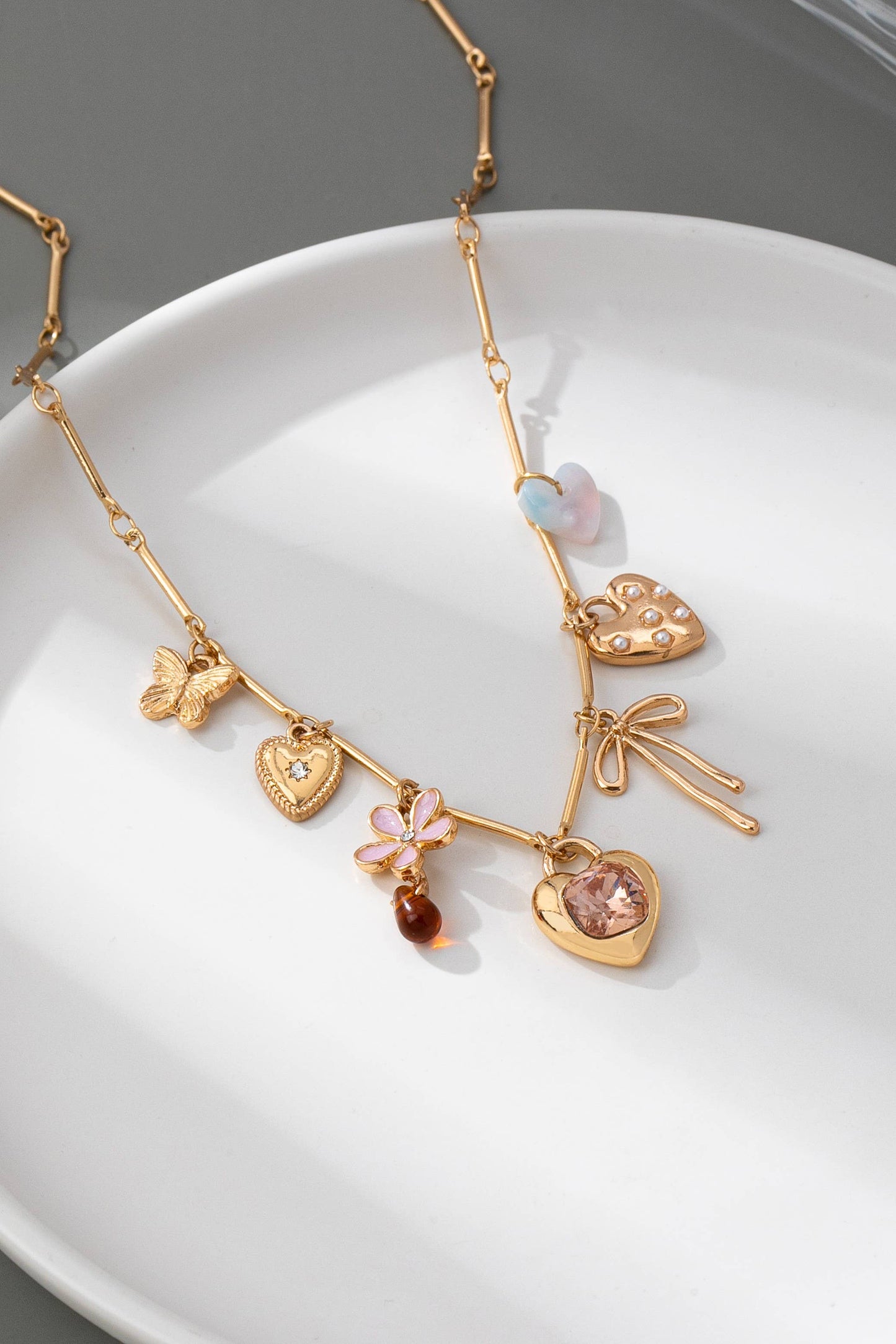 Charm Necklace - Hearts, Flower, Bow & Butterfly