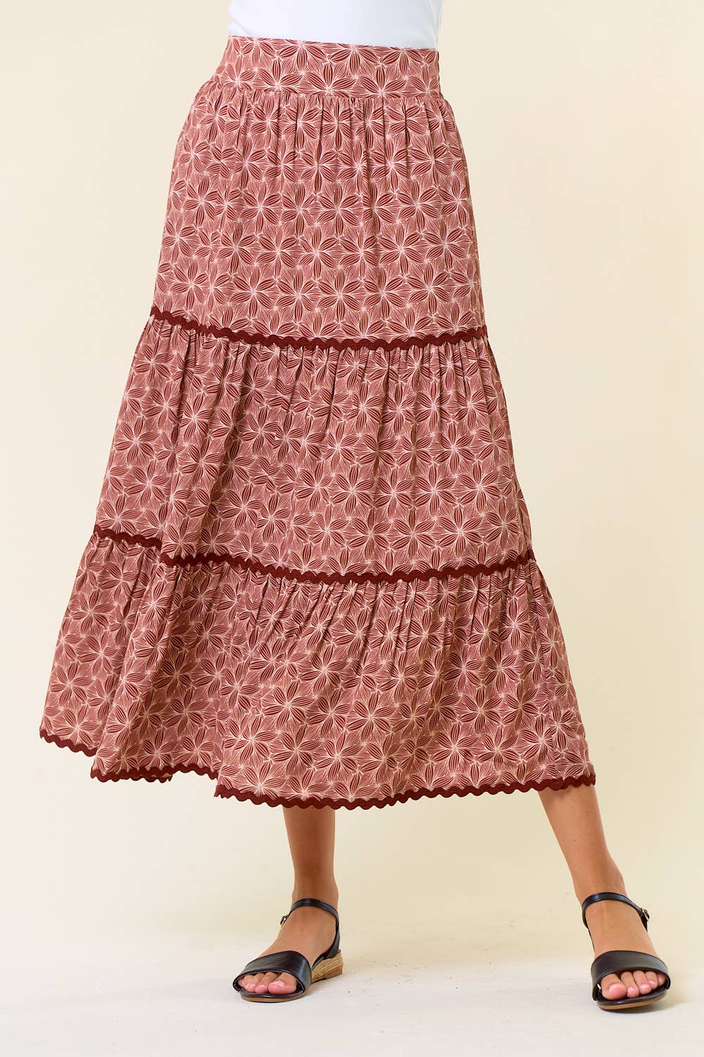 Geo Floral Rick Rack Maxi Skirt in Terracotta