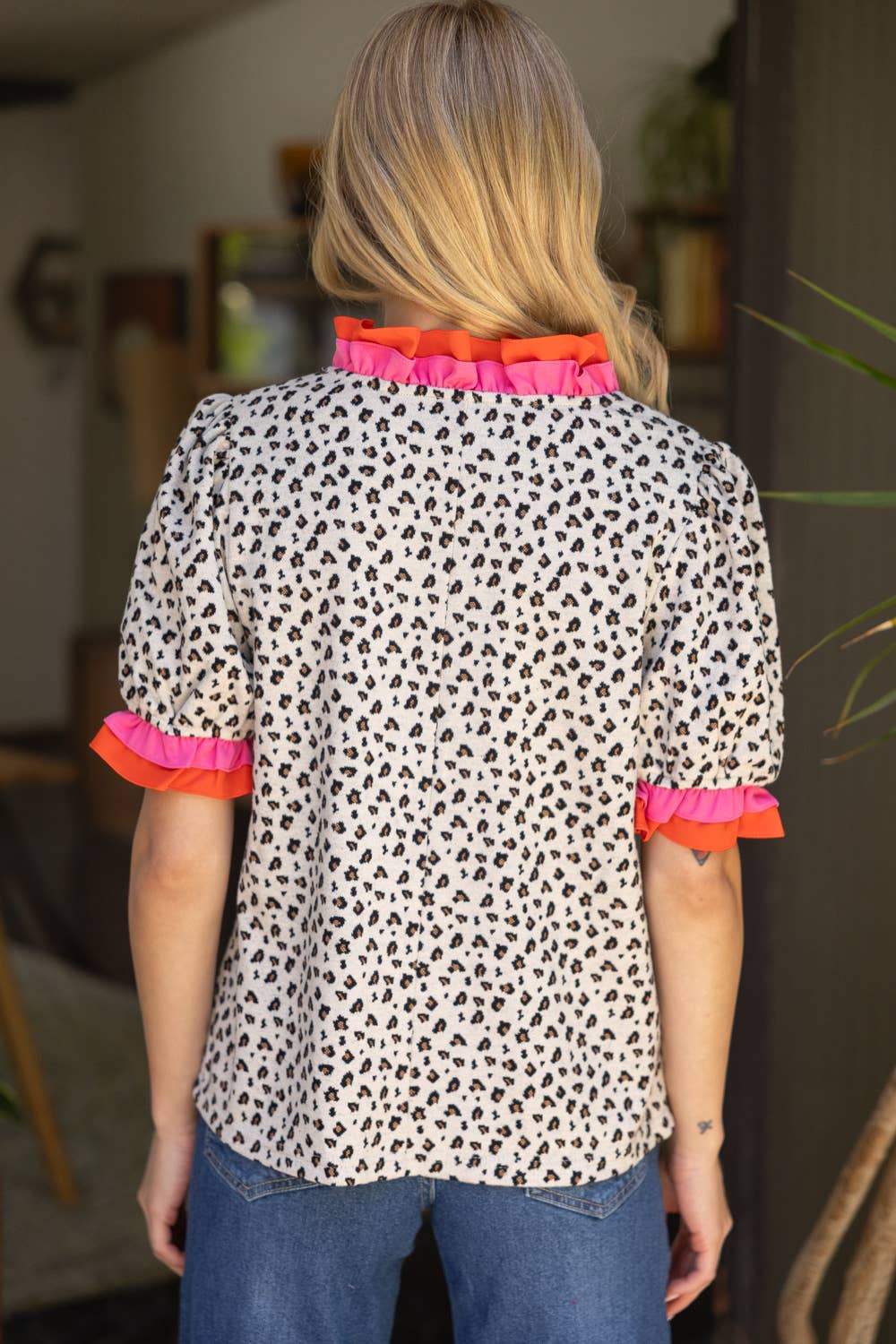 Leopard Print Top with Pink & Red Ruffle