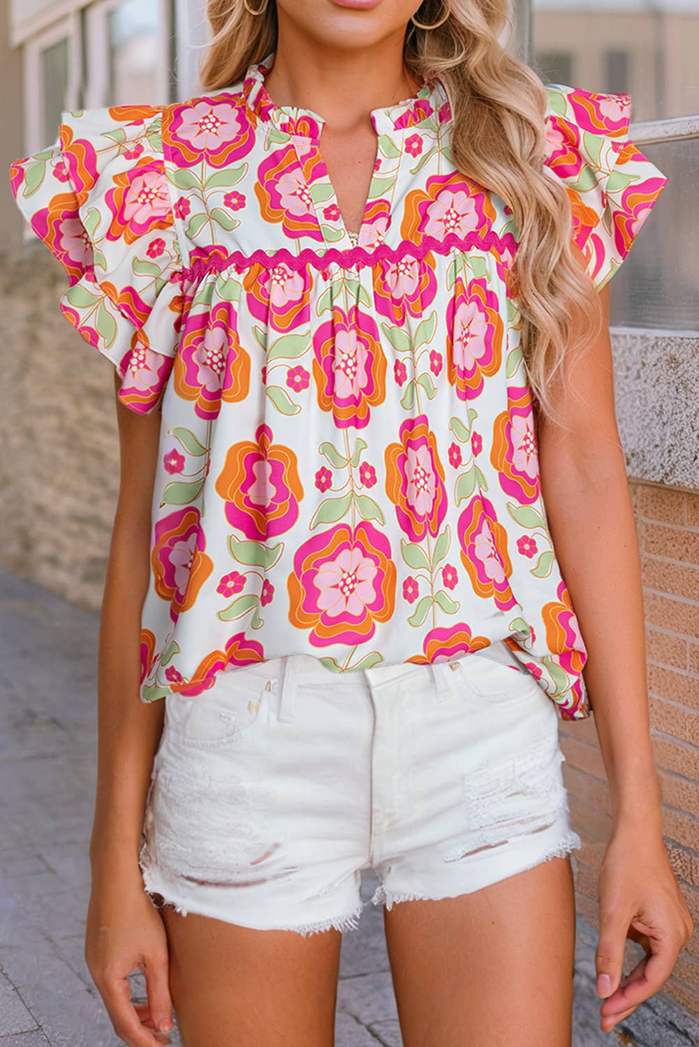 Bright Floral Print Top with Ruffle Sleeve