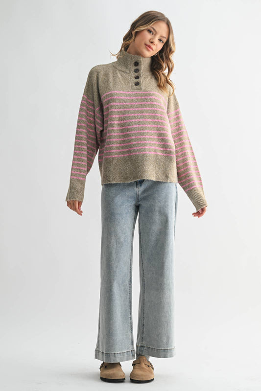 Striped Button Up Sweater in Mocha & Pink