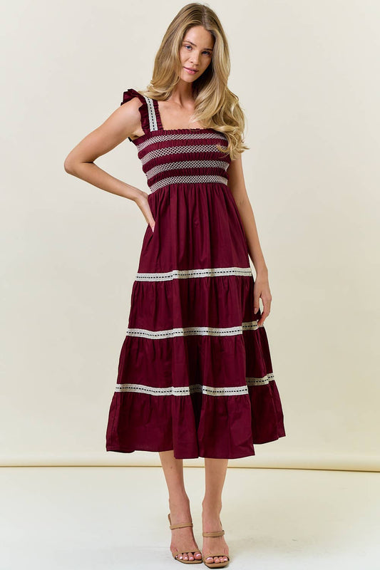 Smocked Ruffle Midi Dress in Burgundy