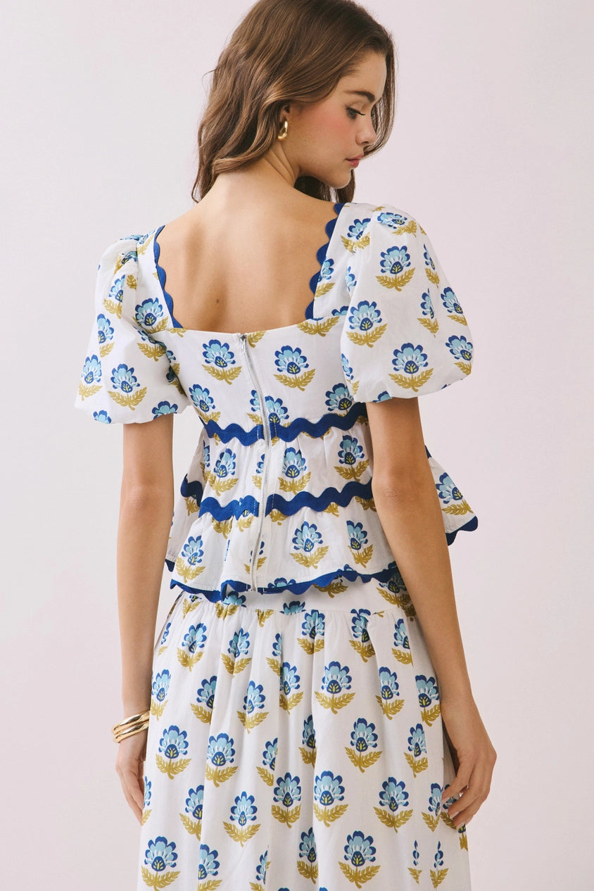 The Marlowe Peplum Top in White & Blue