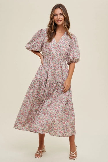 Floral Puff Sleeve Midi Dress in Berry
