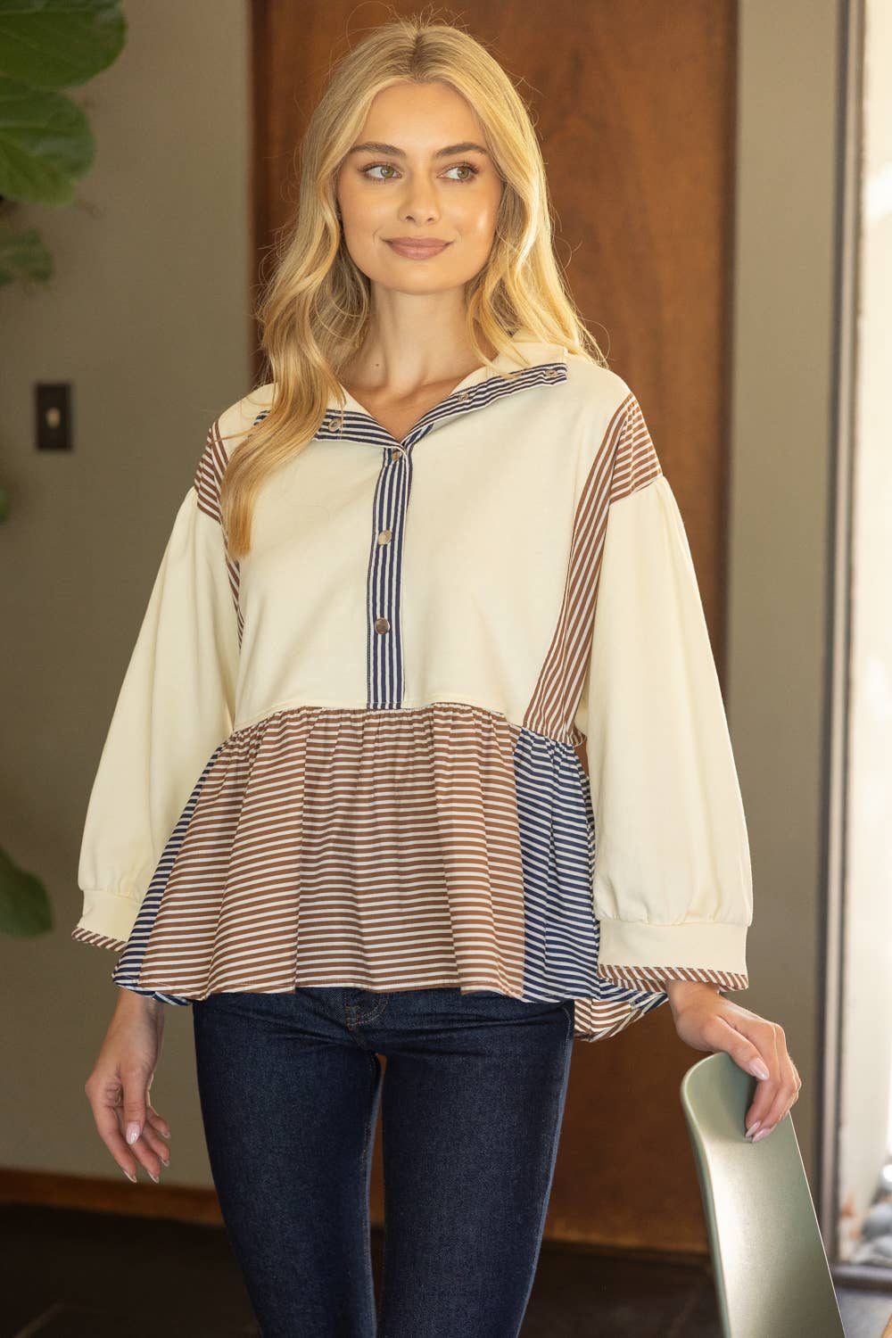 Half Snap Button Color Block Peplum Sweatshirt