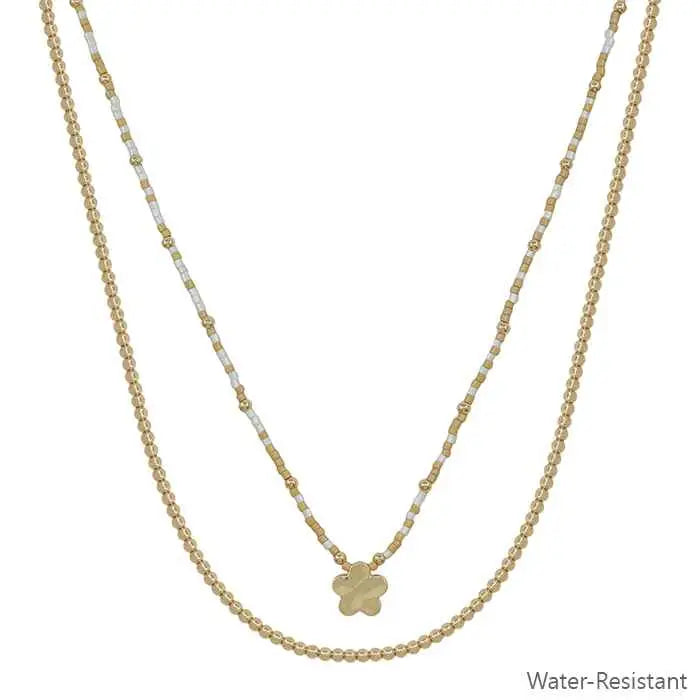 Water Resistant White Bead with Gold Flower Necklace