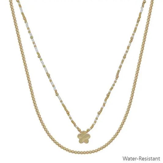 Water Resistant White Bead with Gold Flower Necklace