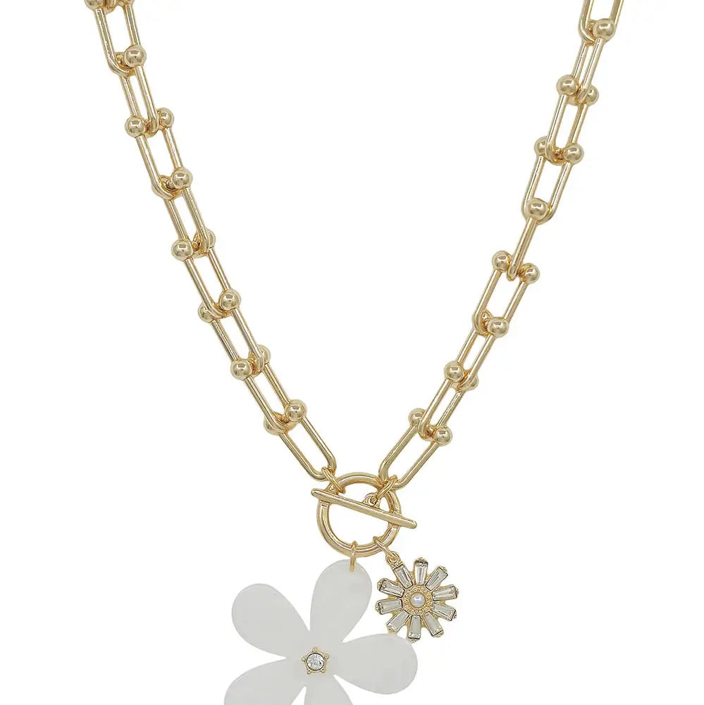 Gold Chunky Chain with White Flower Charm Necklace