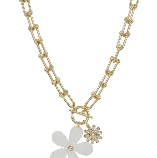 Gold Chunky Chain with White Flower Charm Necklace