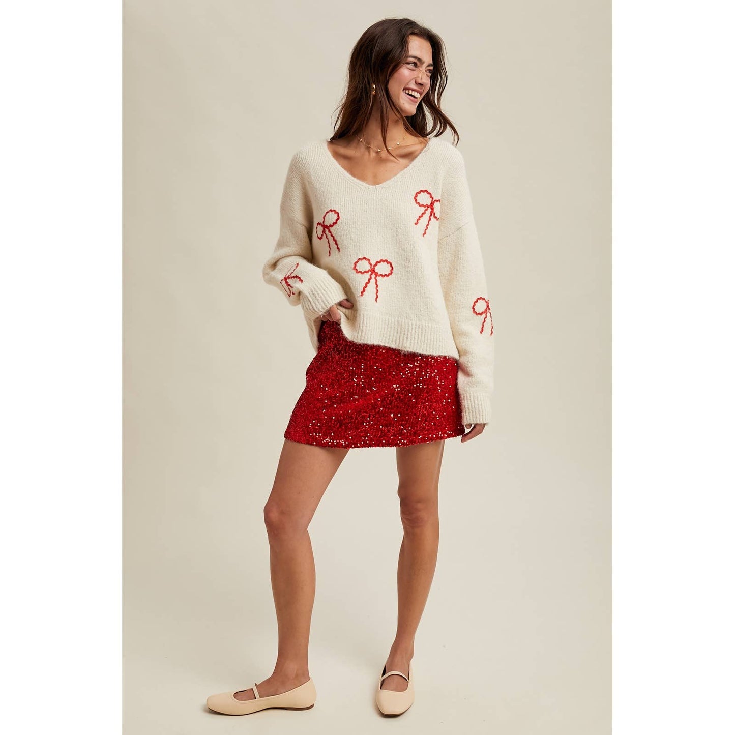Red Bow Sweater in Cream