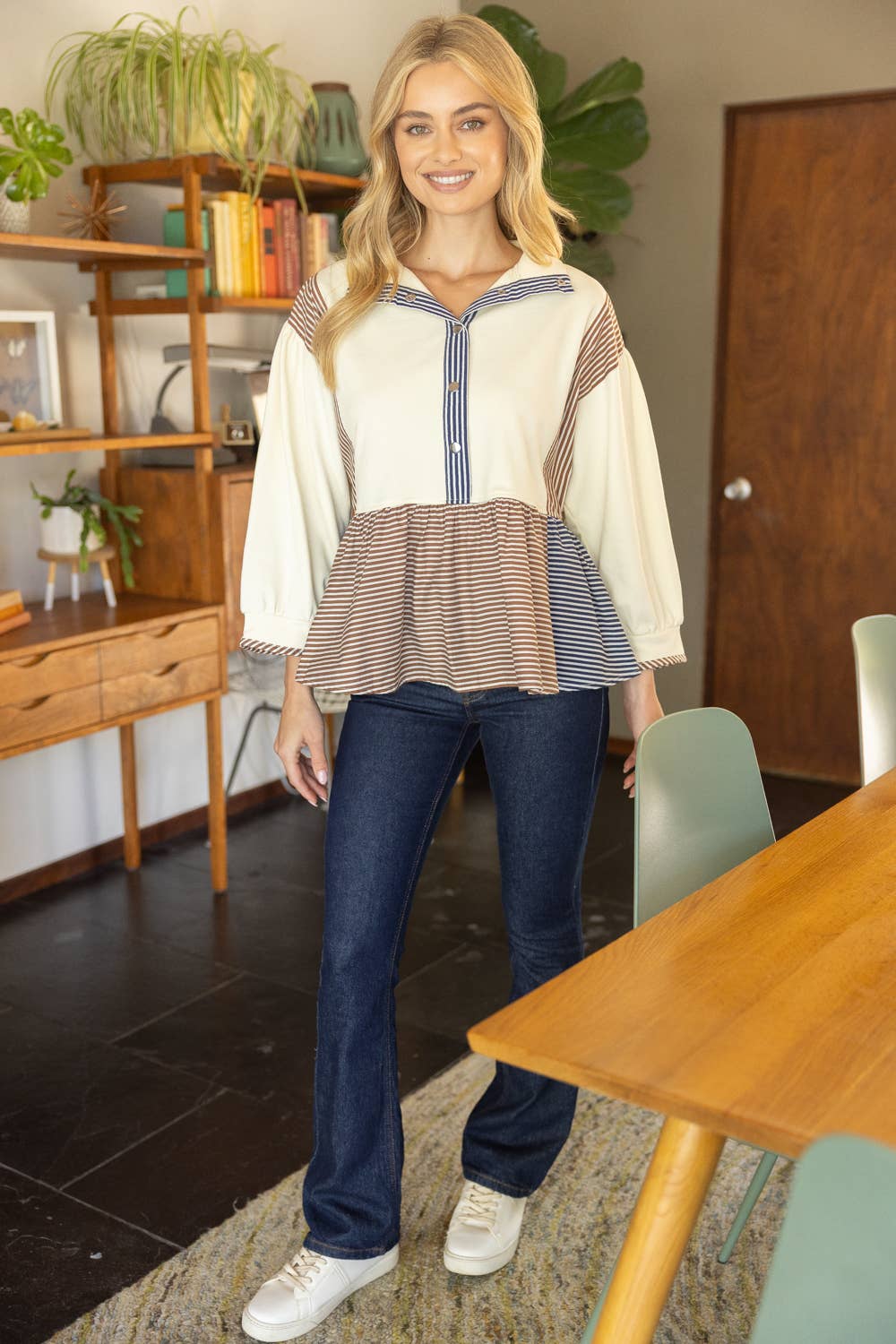 Half Snap Button Color Block Peplum Sweatshirt