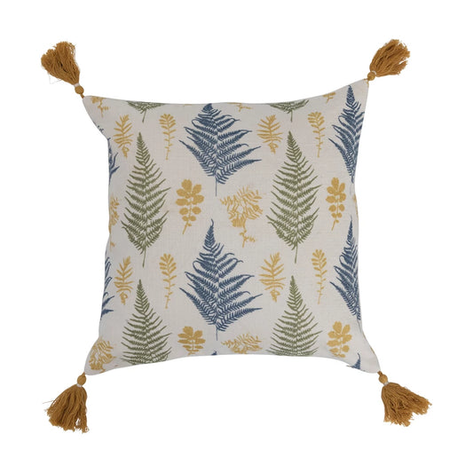 Botanical Print Cotton Pillow with Tassels