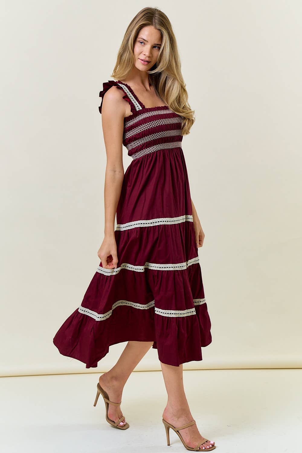 Smocked Ruffle Midi Dress in Burgundy
