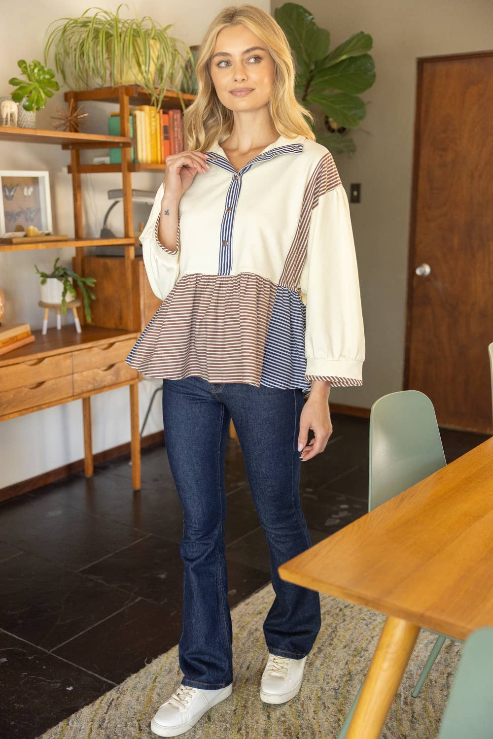 Half Snap Button Color Block Peplum Sweatshirt