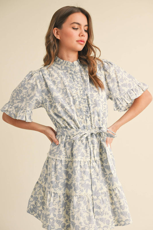 Ruffled Button Down Dress in Blue & Cream Floral