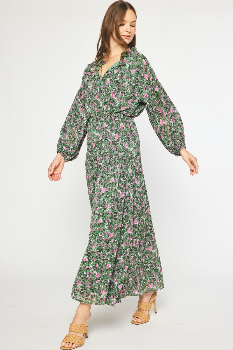 Floral Long Sleeve Maxi Dress in Pink & Green