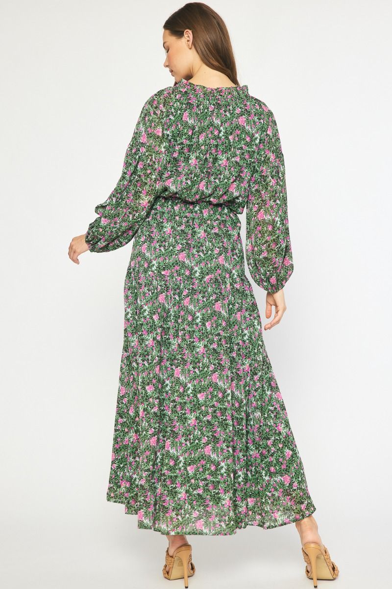 Floral Long Sleeve Maxi Dress in Pink & Green