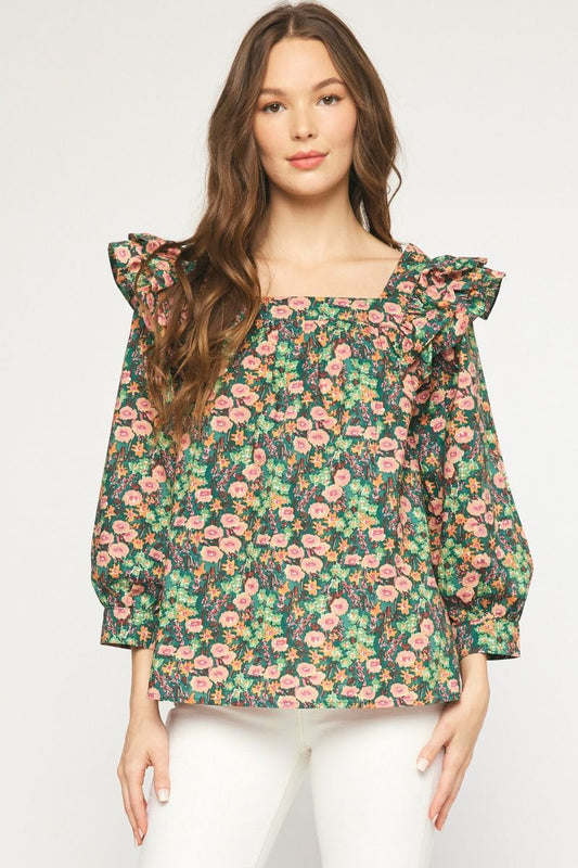 Abstract Floral Ruffle Sleeve Top in Hunter Green