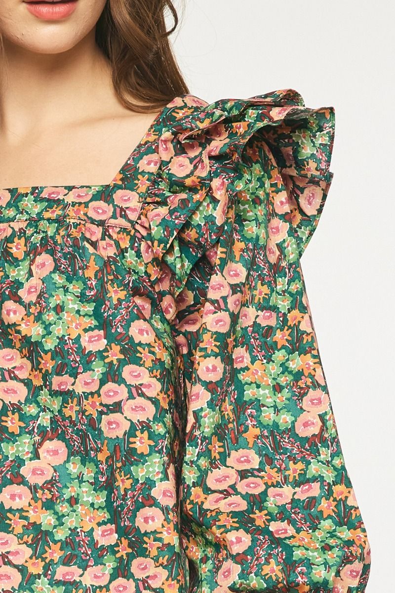 Abstract Floral Ruffle Sleeve Top in Hunter Green