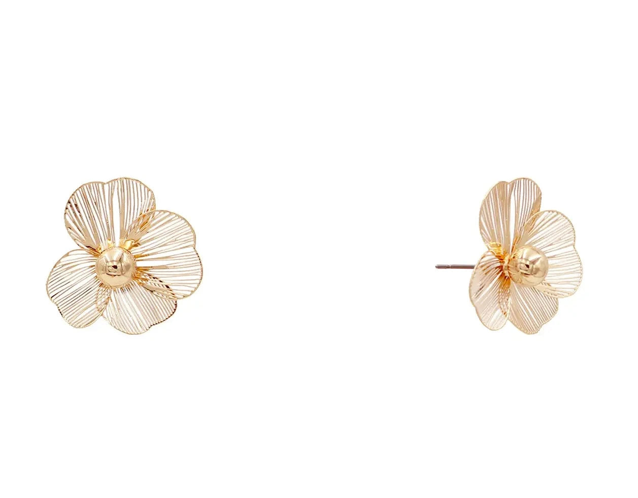 Gold Open Metal Flower with Pearl Stud Earring