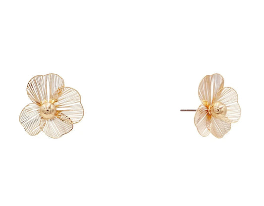 Gold Open Metal Flower with Pearl Stud Earring