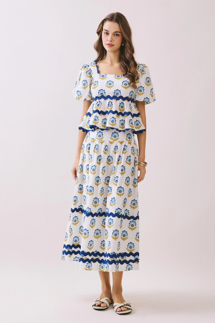 The Marlowe Peplum Top in White & Blue