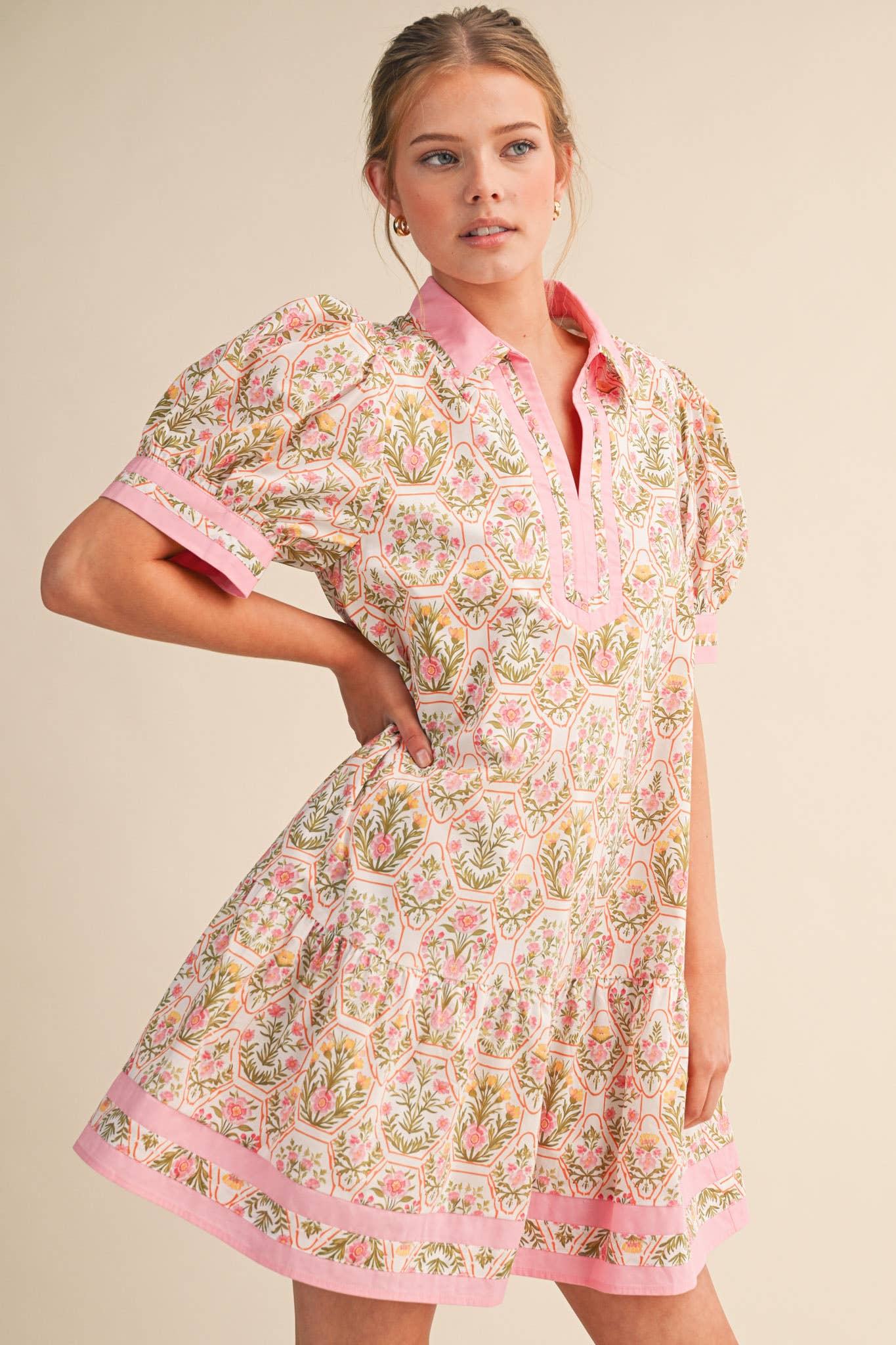 Floral Puff Sleeve Dress in Pink