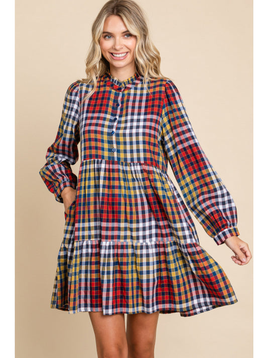 Button Front Plaid Dress in Navy & Red