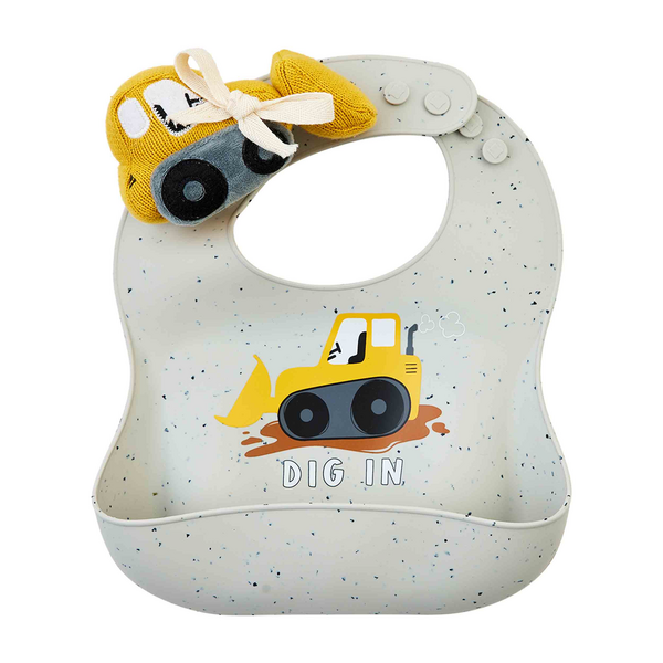 Dig In Bulldozer Bib & Rattle Set