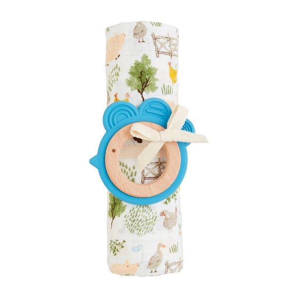 Farm Animal Swaddle & Teether Set