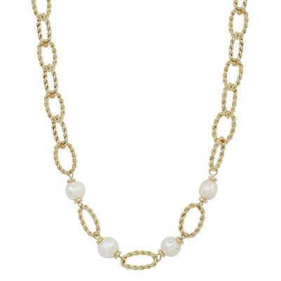 Textured Gold Chain with Pearls Necklace & Earring Set