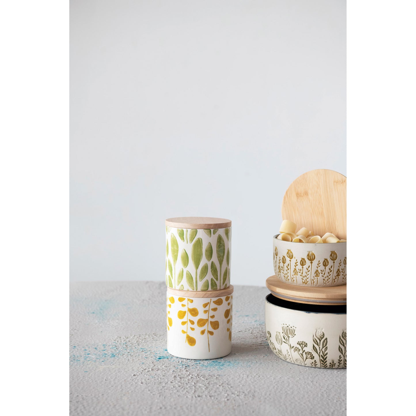 Hand-Stamped Stoneware Jar with Bamboo Lid and Floral Print